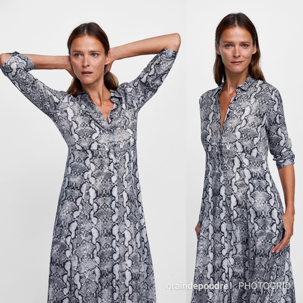 Zara Snake Print Full Skirt Shirt Maxi Dress XS - Picture 3 of 4